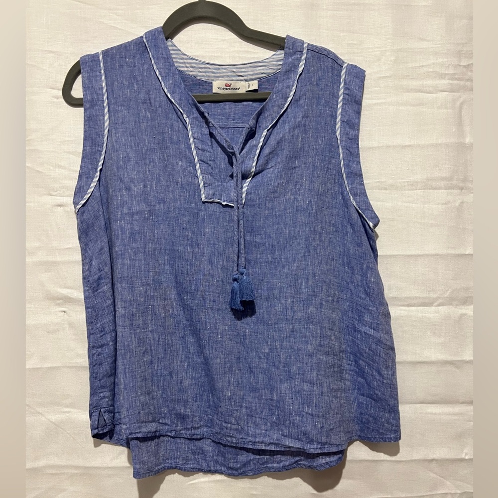 Vineyard Vines Blue Relaxed Tie Front Linen Blouse